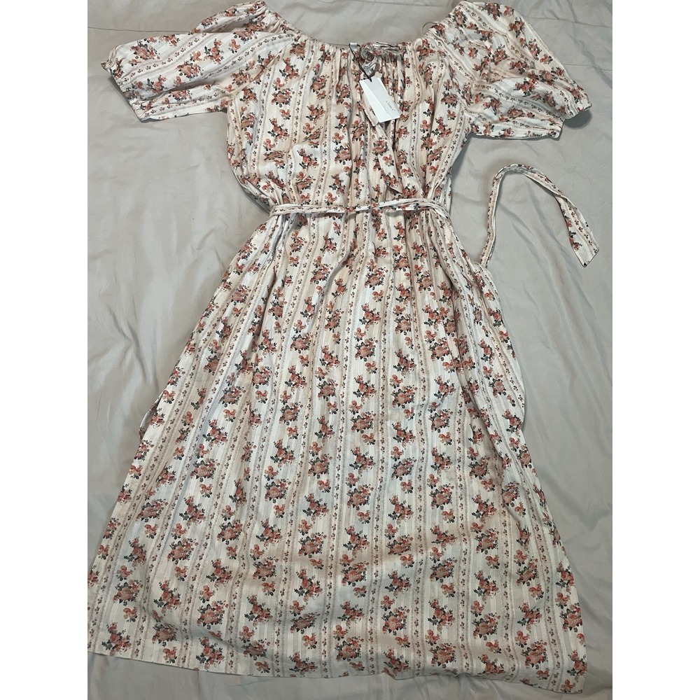 NWT A Loves A Tie Scoop Neck Short Puff Sleeve Floral Belted Midi Dress Large - Picture 2 of 12